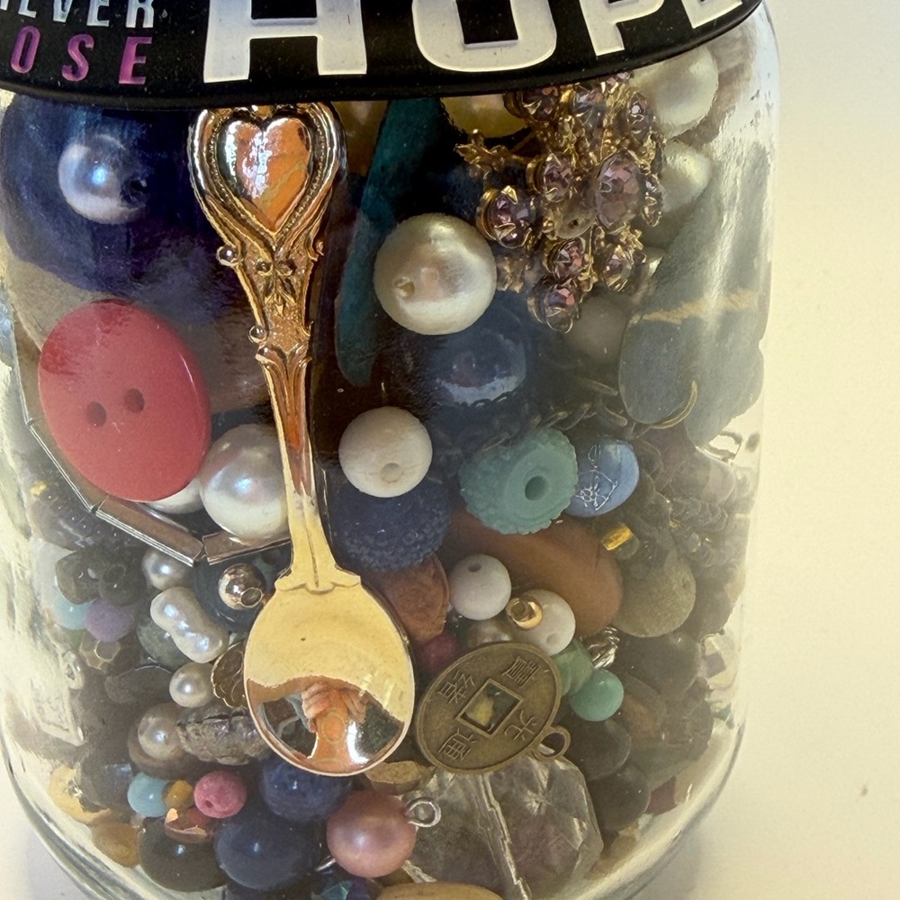 Jewelry 🏺 Jar with Vintage Brooch, Watch, Assorted Beads and Trinkets